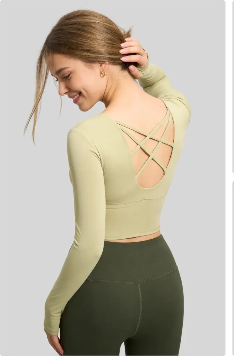 Peach Cross-Back Sports Bra Long Sleeve Top