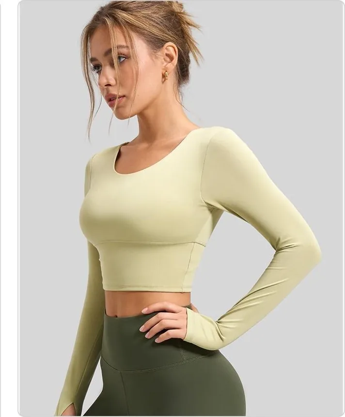 Peach Cross-Back Sports Bra Long Sleeve Top