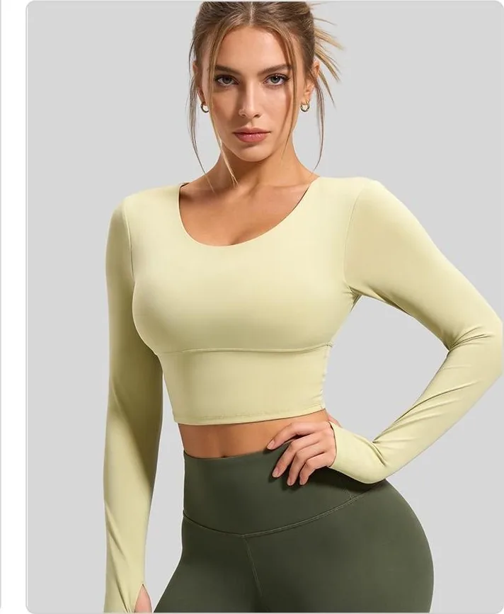 Peach Cross-Back Sports Bra Long Sleeve Top