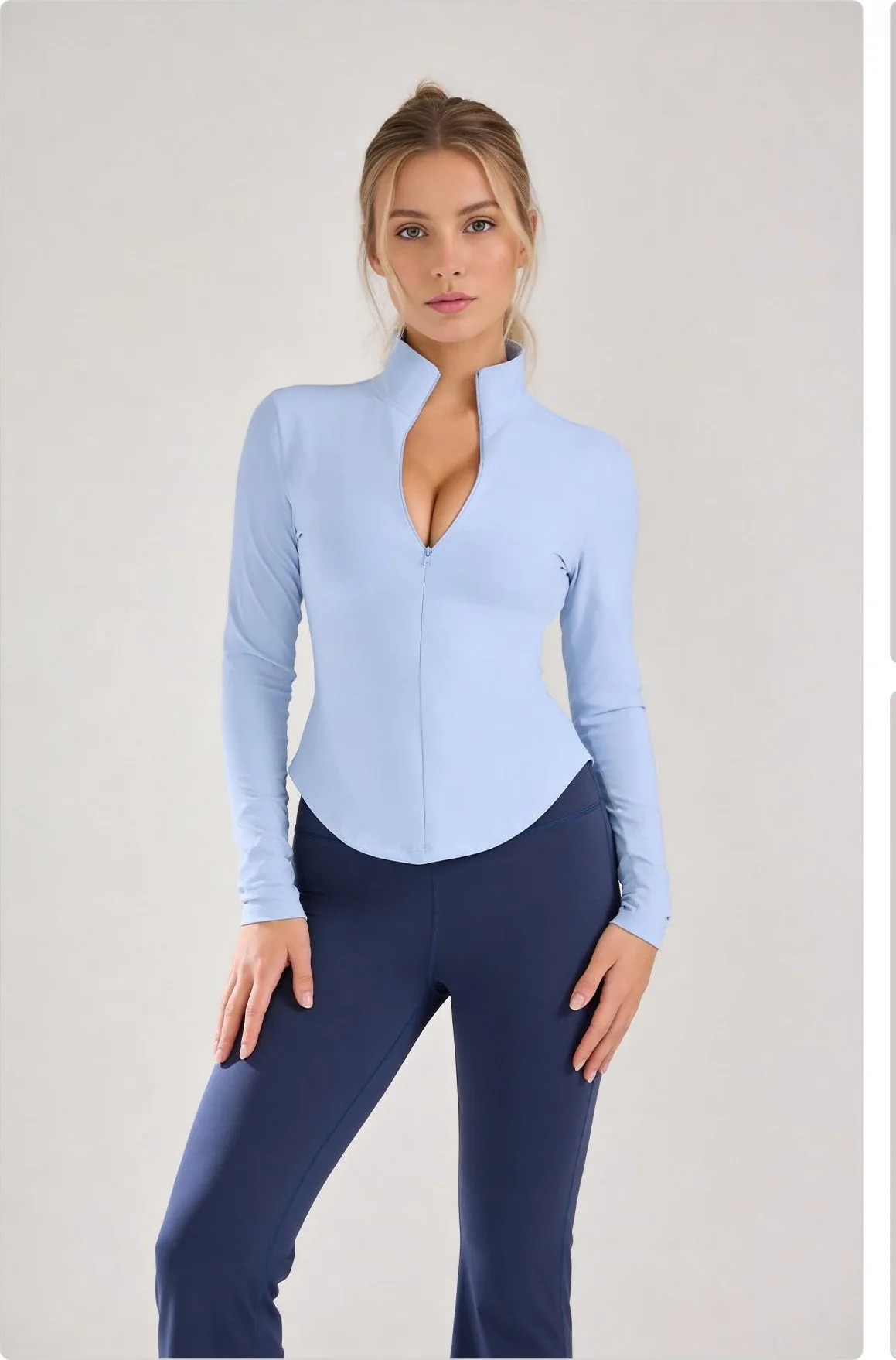 Peach Seam-Detail Half-Zip Long Sleeve Top