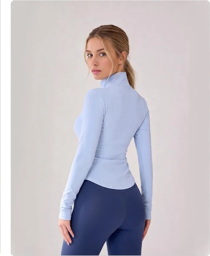 Peach Seam-Detail Half-Zip Long Sleeve Top