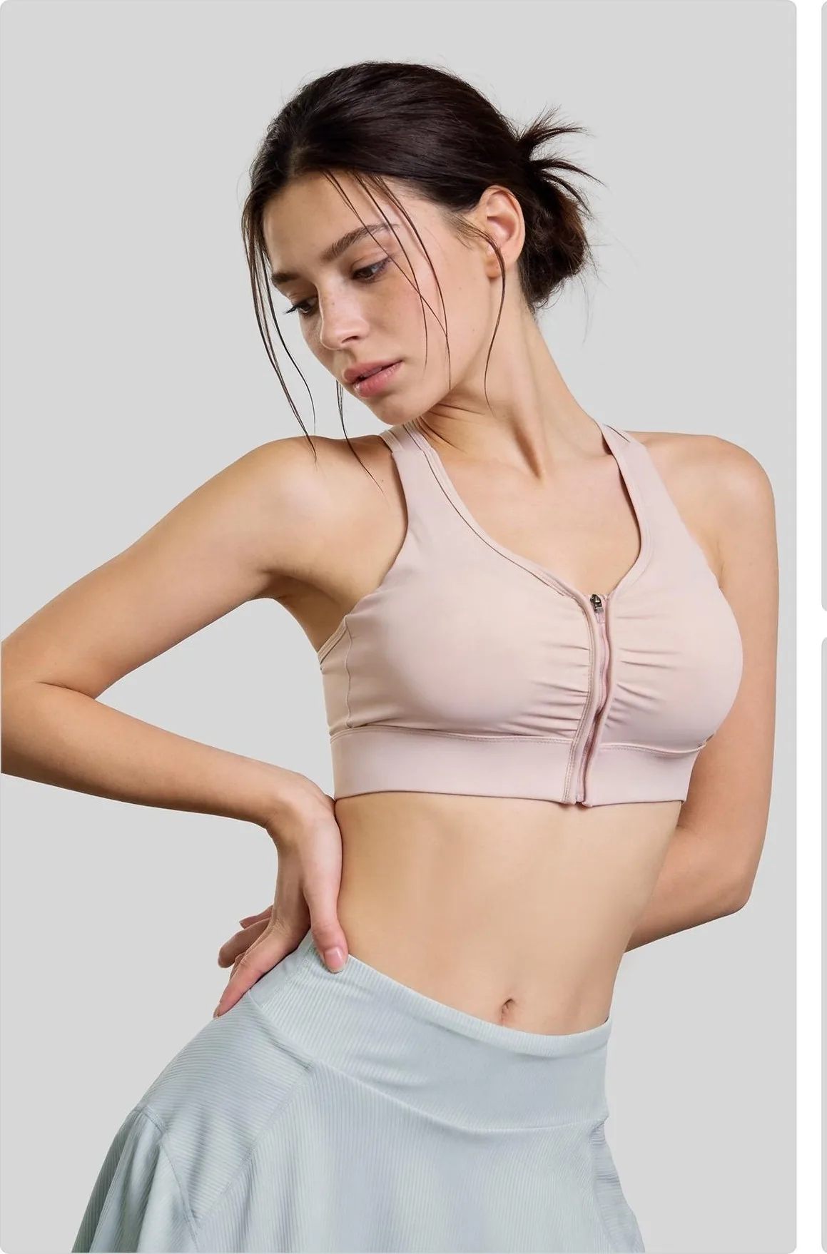 Peach Front-Zip Ruched Sports Bra