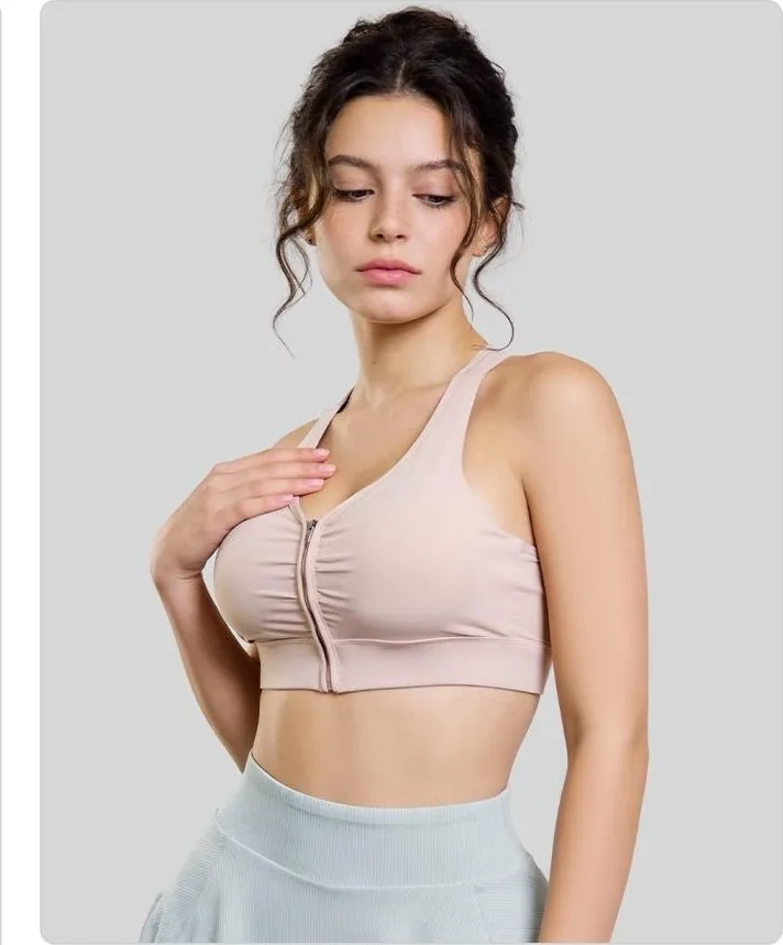 Peach Front-Zip Ruched Sports Bra