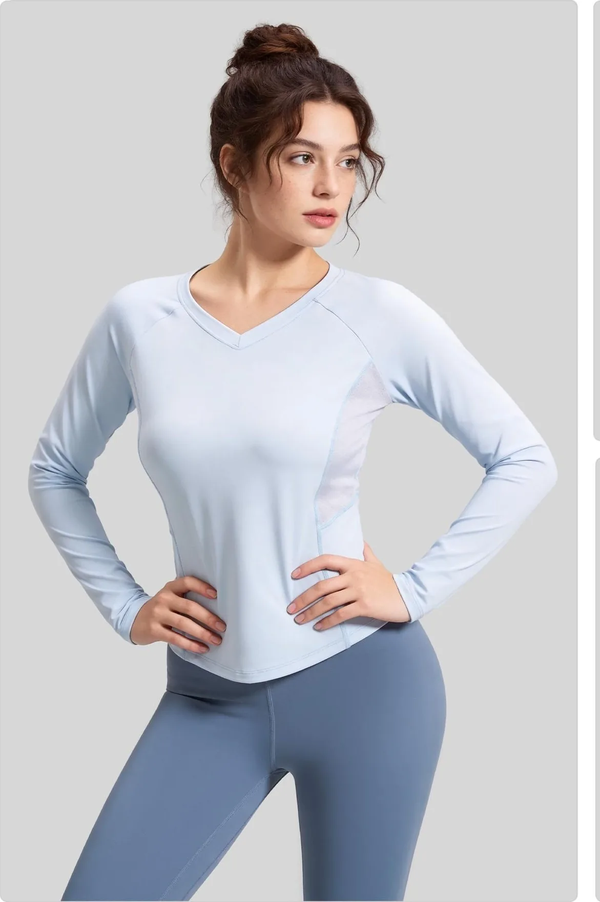 Back-Curve Mesh V-Neck Long Sleeve Top
