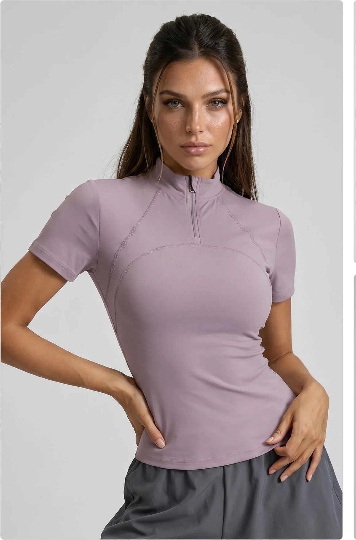Peach Half-Zip Short Sleeve Top