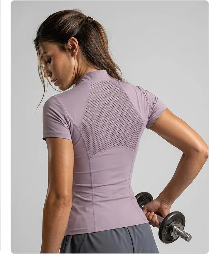 Peach Half-Zip Short Sleeve Top