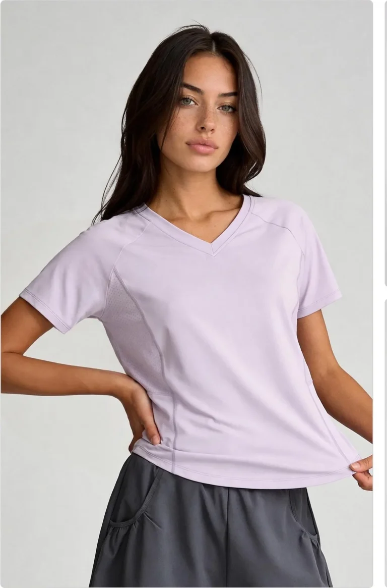 Back-Curve Mesh V-Neck Short Sleeve Top